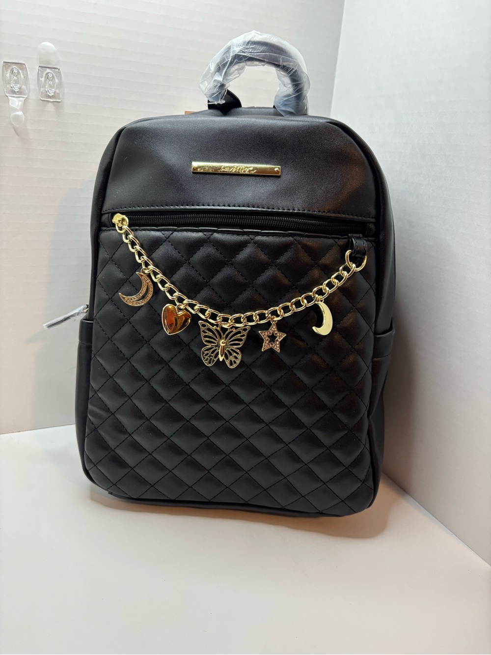 Luv Betsey Johnson Quilted Blk/gold Backpack with Gold Charm Chain